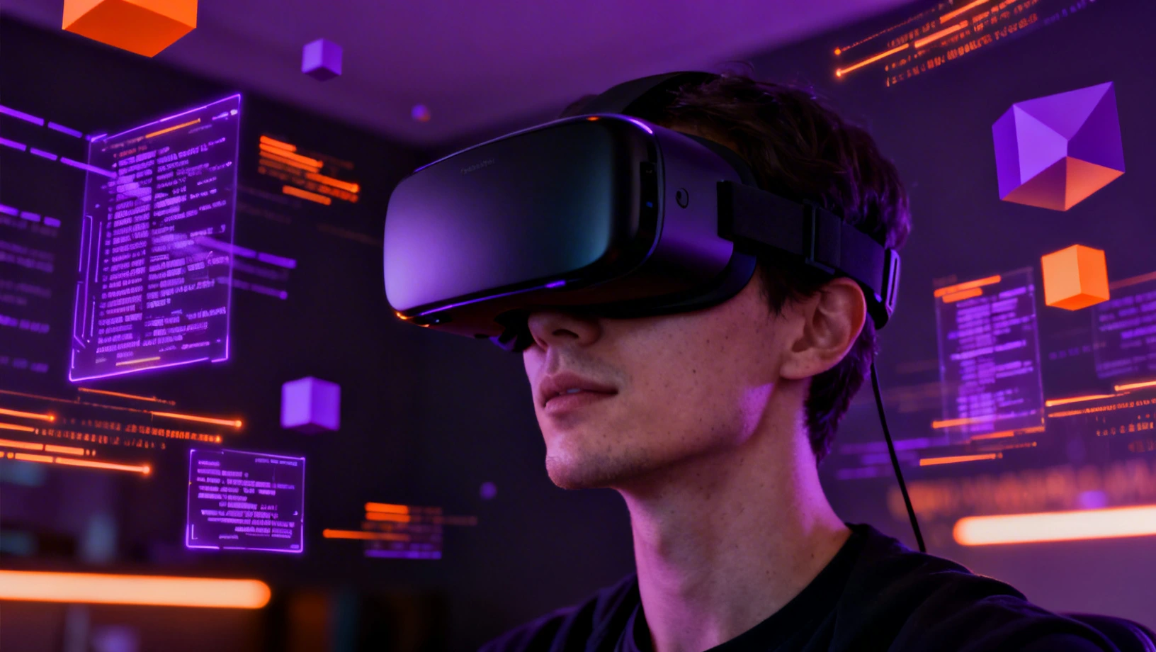 Personne utilisant un casque de realite virtuelle dans un environnement futuriste