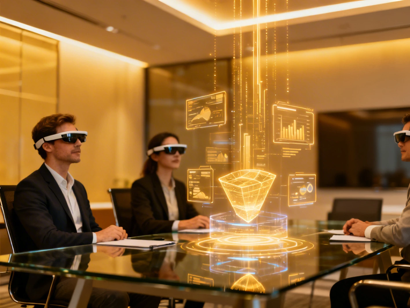 Reunion d'affaires utilisant des outils de collaboration en realite virtuelle