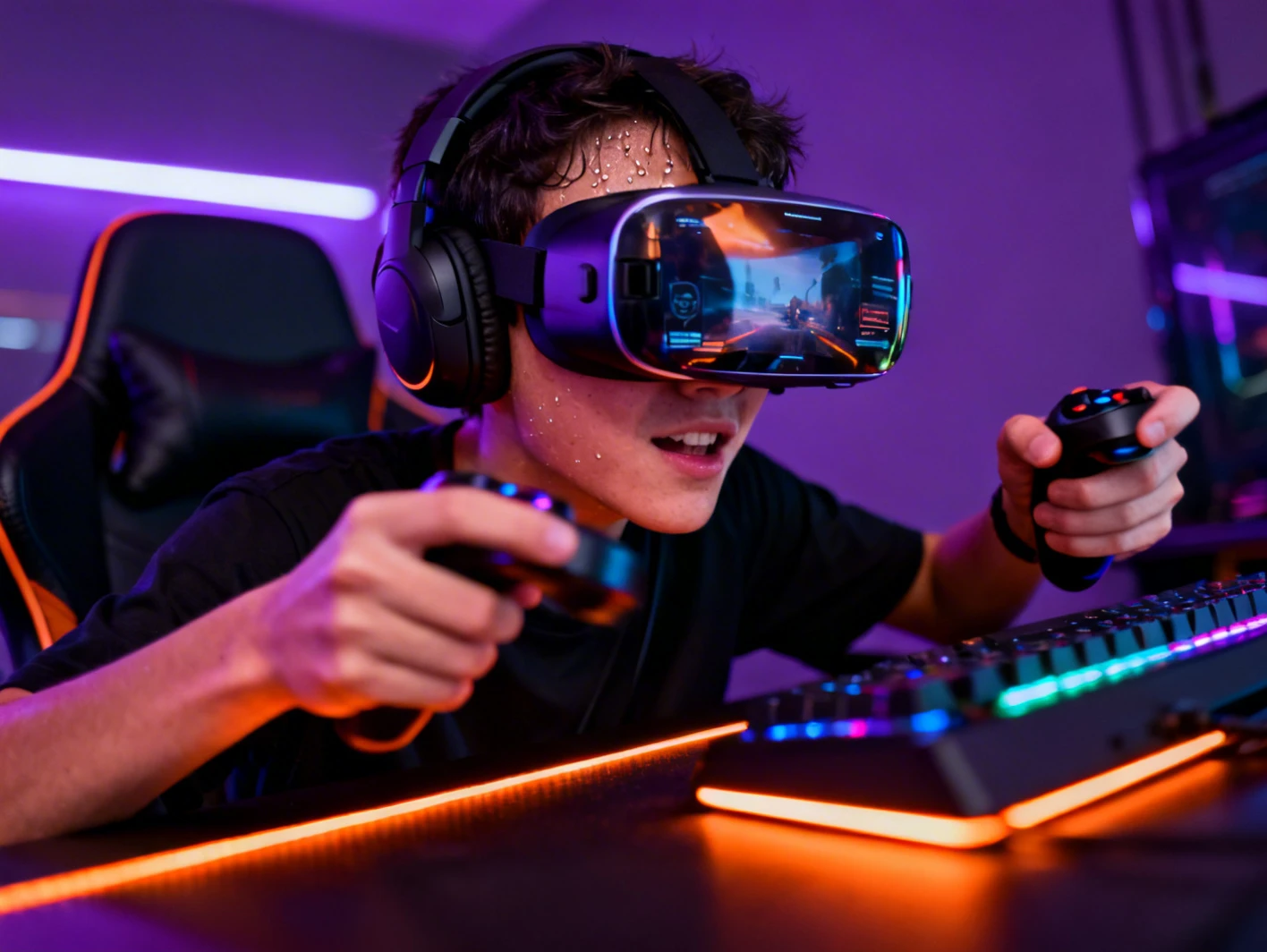 Joueur immerse dans un jeu en realite virtuelle